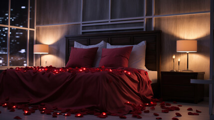 Wedding night bedroom decoration with rose petals and lamp. Created with Ai