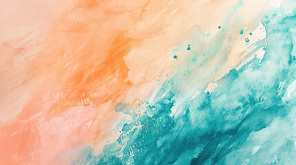 Fototapeta premium Abstract watercolor background on canvas with a dynamic mix of turquoise, peach and sand colors