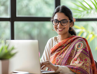 Online Punjabi woman is on computer classes.