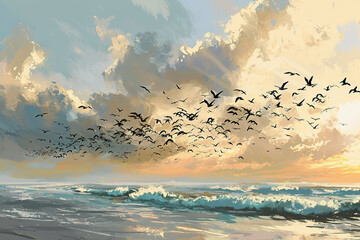 Coastal birds flying across the sky symbolizing migration. - obrazy, fototapety, plakaty