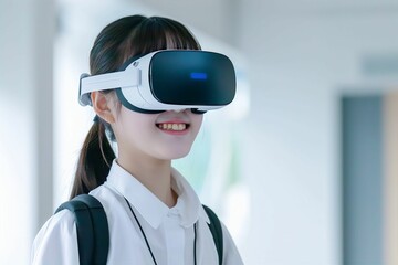 VRゴーグルをつけた日本人の中学生・高校生のメタバースイメージ（メタバース・VR・バーチャルリアリティ・教育）