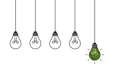 Hanging light bulbs with one glowing on white background. Concept of idea