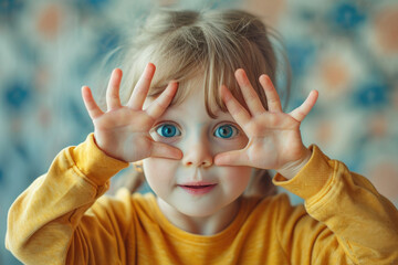 Curious child exploring world. Portrait of inquisitive nosy little girl kid looking through fingers 