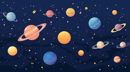 space background with cute flat lay style template with planets