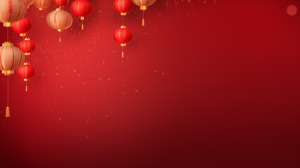 Elegant red background with hanging lanterns and golden accents.