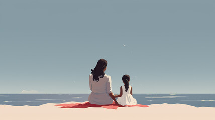 Illustrate a minimal scene of a mother and child enjoying an outdoor adventure