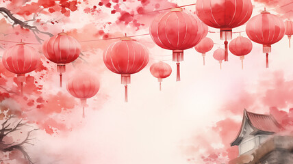 Fototapeta na wymiar Lanterns watercolor painting in red tone. Chinese New Year background