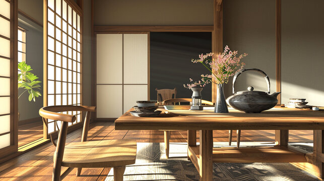 interior design dining room with teapot on table,. Ai Generative