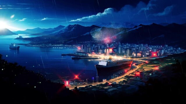 Fantasy anime cityscape. Village with rainy night and cruise ship. Fireworks festival. Seamless loop 4k animation