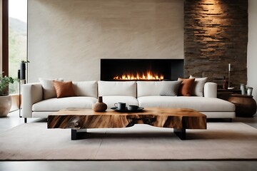 Modern living room of a villa, a minimalist aesthetic is achieved with white sofas surrounding a wooden live edge accent coffee table. The backdrop features a fireplace and a stone-clad wall