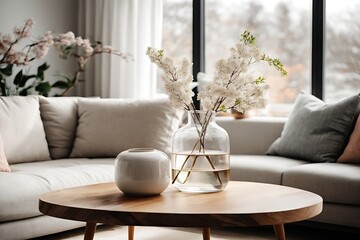 Modern living room's minimalist and Scandinavian design is showcased through a wooden coffee table holding a vase with a blossoming twig. A white sofa adorned with pillows is positioned against the wi - obrazy, fototapety, plakaty