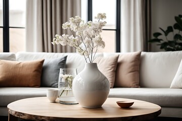 Scandinavian home interior design, a wooden coffee table hosts a vase with a blossoming twig, situated near a white sofa adorned with pillows and positioned against a window. - obrazy, fototapety, plakaty