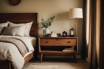 Vintage bedside nightstand adjacent to a wooden bed, the modern bedroom embodies a harmonious mix of farmhouse, country, and Provence interior design influences