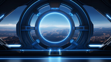 dark blue spaceship futuristic interior with window - obrazy, fototapety, plakaty
