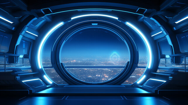 dark blue spaceship futuristic interior with window