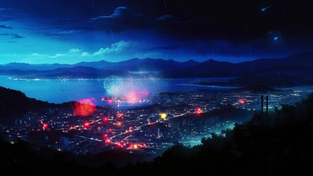 Fantasy dream landscape night at the village with firework celebration, sea and mountain background. Anime cartoon style painting 4k animation