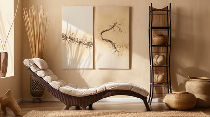 Interior design of oriental style living room with modern chaise lounge. Ai Generative