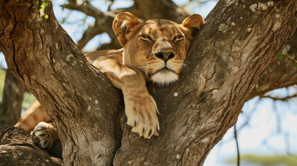 タンザニア、タランギーレ国立公園の木の上のライオンGenerativeAI