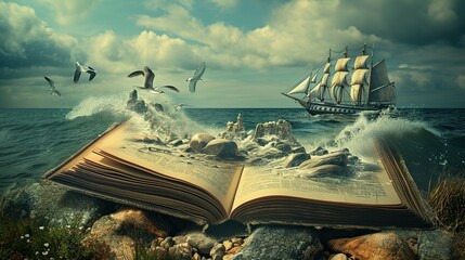 a book has a bird, a ship and ocean near it - obrazy, fototapety, plakaty