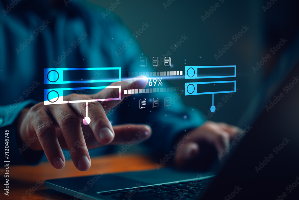 Poster Data transfer concept, internet server connection. Businessman using laptop computer with data host server storage for information exchange and transfer files. Technology data management.