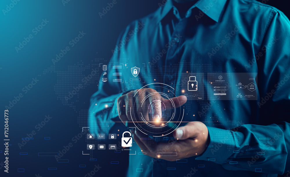 Poster Cybersecurity concept, user privacy security and encryption, secure internet access Future technology and cybernetics, screen padlock. Internet network data protection, anti hacker, cybercrime.