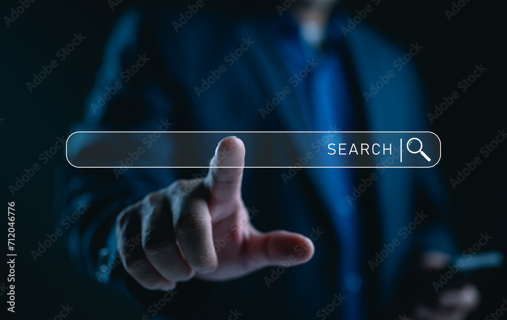 Poster Data Search Technology, Search Engine Optimization. Man's hands use smartphone and touching on search bar to searching for data information. Using Search Console with your website.