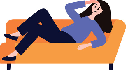 woman tired and lying down on couch in flat style isolated on background