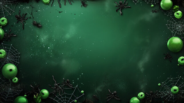 Immerse in a Halloween Masterpiece: Top-Down View of Spooky Decorations, Ghastly Spiders, and Flying Bats on a Vibrant Green Background with Copy-Space for Promotions and Messages!