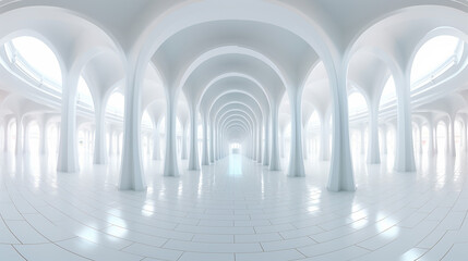 elegant 360 spherical panorama view of futuristic white hall - obrazy, fototapety, plakaty