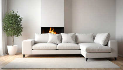 White corner sofa near fireplace  Scandinavian home interior design of modern living room  style