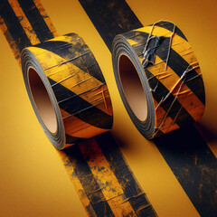 Two rolls of distressed yellow and black barricade tape