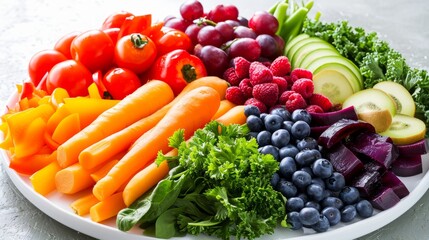 Nature's Palette: Vibrant Array of Fresh Vegetables and Fruits, Nutritious and Healthy Rainbow on a Plate