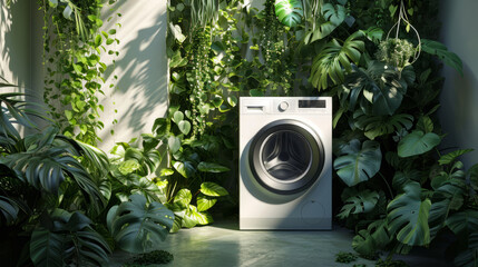 Eco-friendly laundry room with modern washing machine surrounded by lush green indoor plants, promoting sustainable living