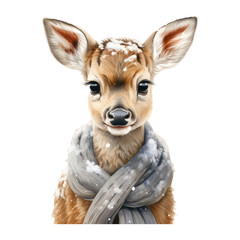 watercolor adorable deer with scarf, at snow light winter tones  