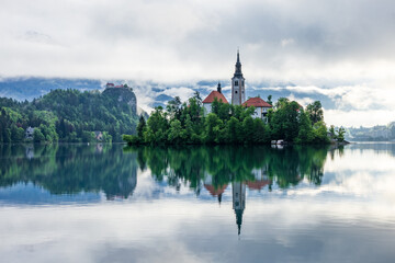 Lake Bled Slovenia with the small island in the middle of the lake and the old church. 