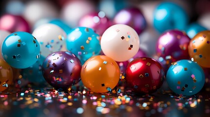 Colorful confetti scattered on a top-down view of a birthday celebration with a vibrant background of balloons and streamers