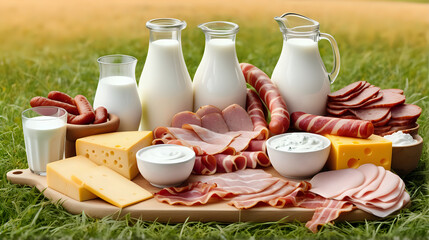 Cheese and cow product. Farm and cow. dairy cow,cream,yogurt,ham,sausage on field background. Generated with AI