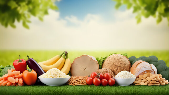 Protine food, milk, meat, fish meat, egg, chicken meat, soybean on wooden board, field background, Generated with AI