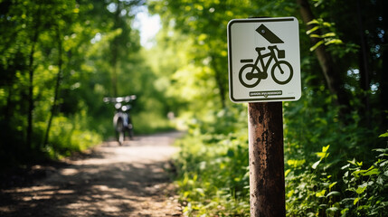 cycling sign mounted on a wooden signpost in the forest