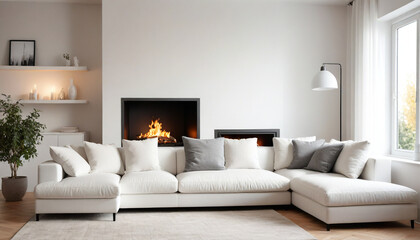 Obraz premium White corner sofa near fireplace Scandinavian home interior design of modern living room style