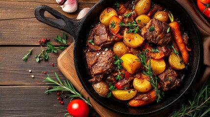 Rustic beef stew with golden potatoes and carrots in a cast iron skillet, a hearty meal for gourmet comfort food
