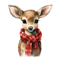watercolor chistmas cute horned deer  red scarf