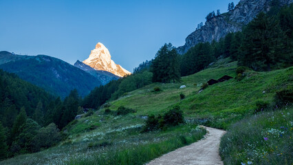 Matterhorn seen from Zermatt at sunrise when the mountain is turning golden. 