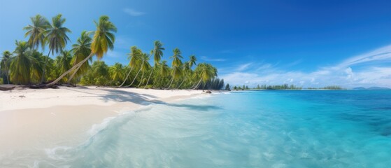 Beautiful sand and coco palms tropical beach wide panorama background