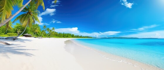 Beautiful sand and coco palms tropical beach wide panorama background