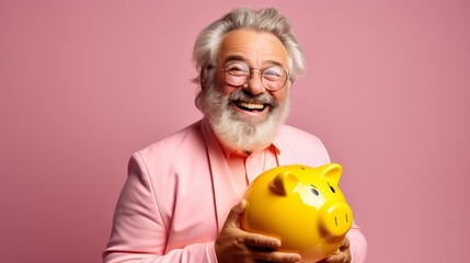 Joyful senior holding pink piggybank, symbolizing financial security and retirement savings