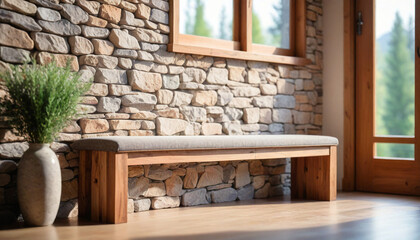 Fototapeta na wymiar Wooden rustic bench near wild stone cladding wall against window Farmhouse interior design of modern home entryway style