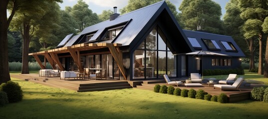 Fototapeta na wymiar New country house with solar panels on gable roof and beautiful landscape design detailed photo