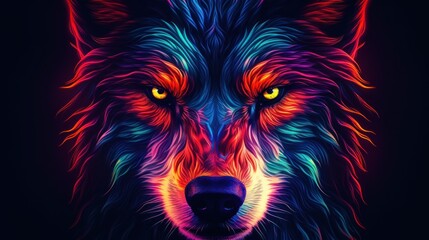 Closeup wolf head in colorful neon light