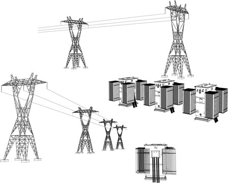Vector sketch illustration of high voltage electric pole generator travo design